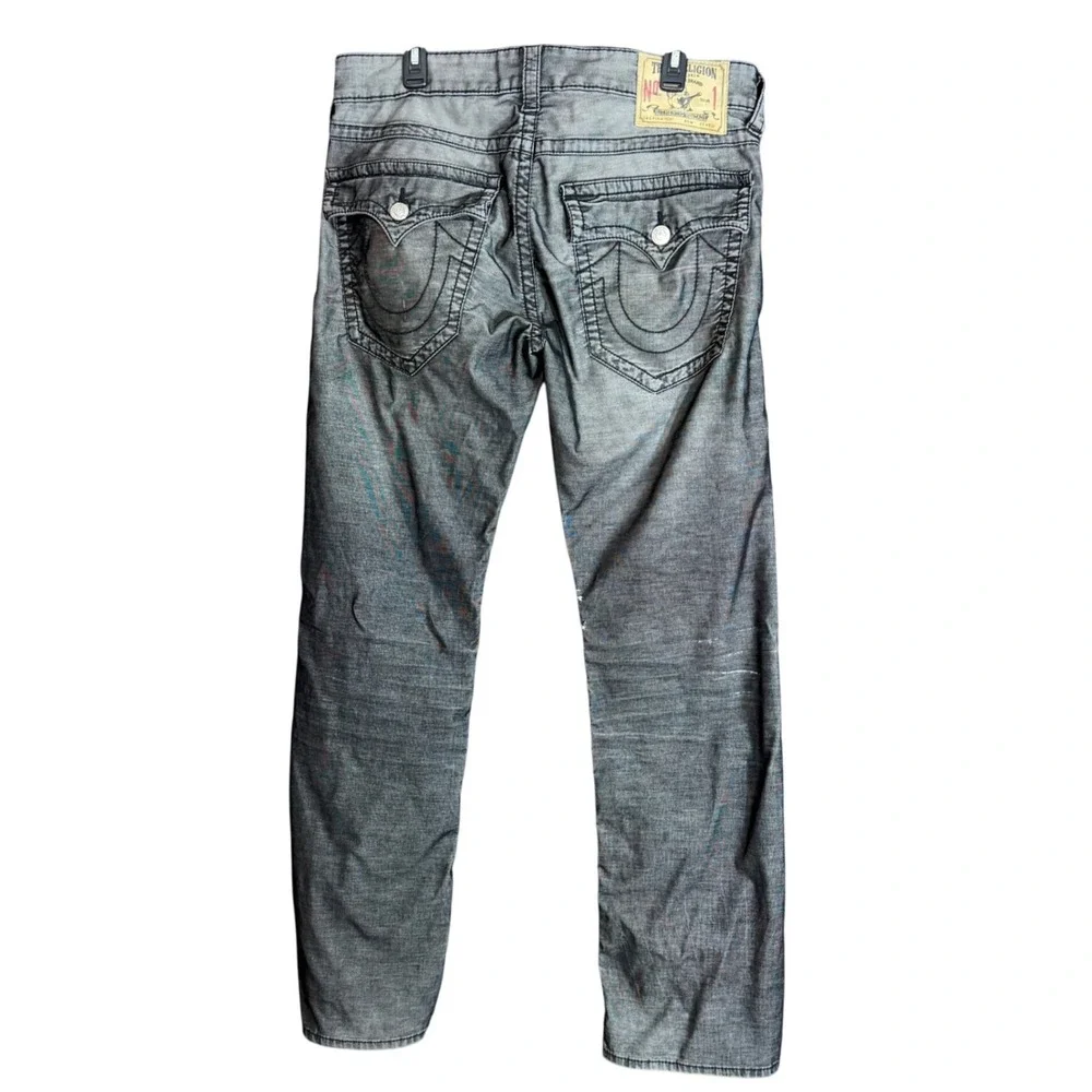True Religion Mens Size 34 Ricky Jeans Gray Black Denim Distressed Straight Leg